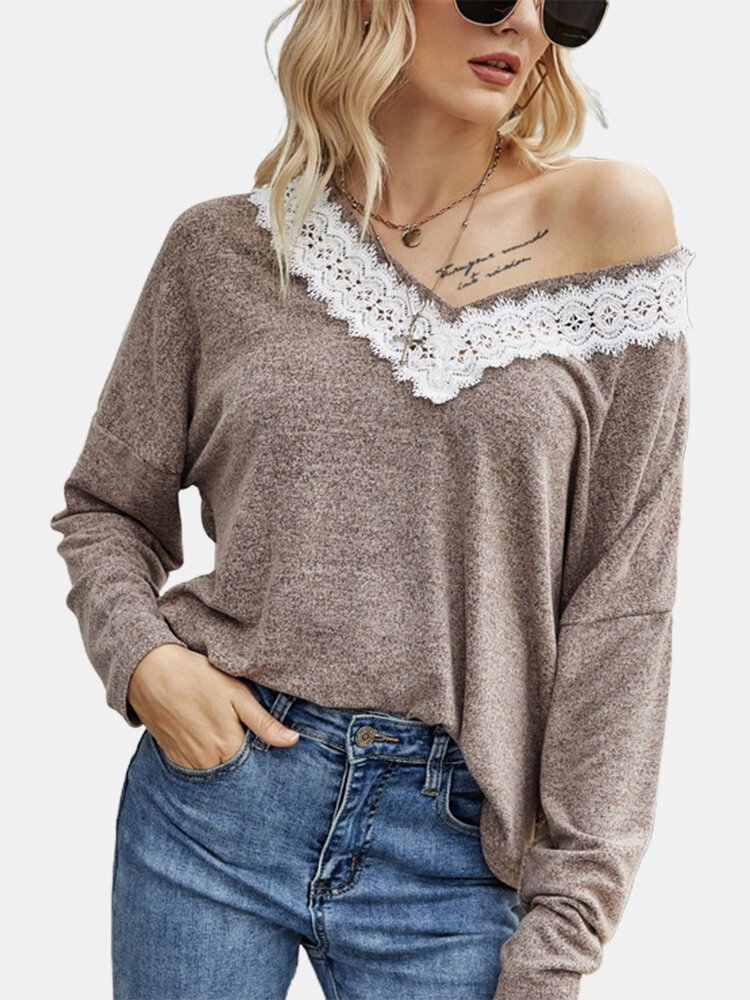 Lace Patchwork Long Sleeve V neck Casual T Shirt For Women P1778371