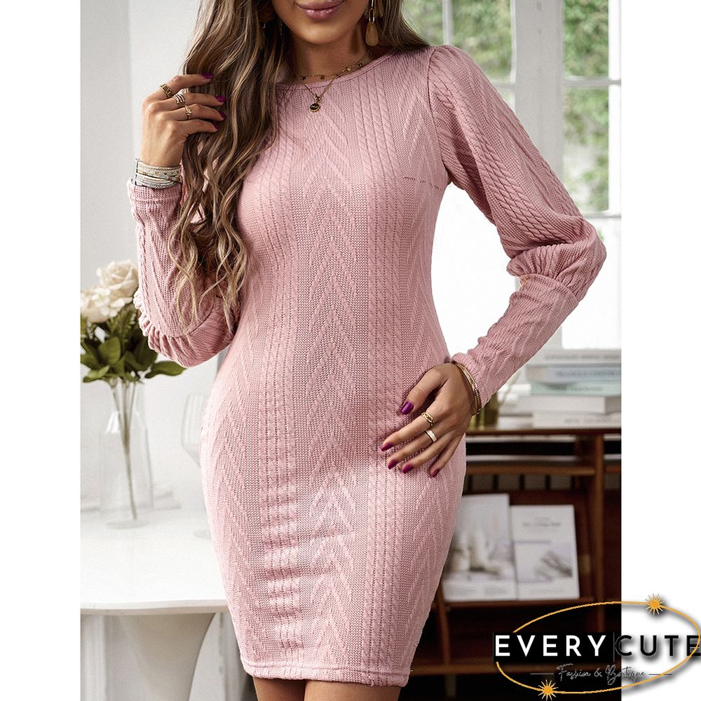Pink Round Neck Knit Long Sleeve Bodycon Dress