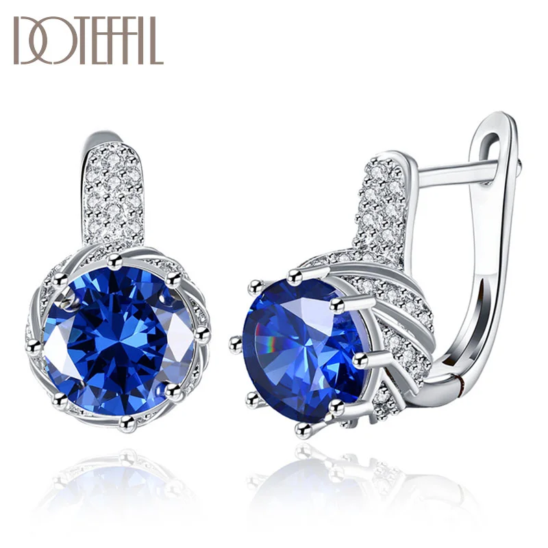 DOTEFFIL 925 Sterling Silver/18K Gold Round AAA Zircon White/Blue/Purple Earrings For Women Jewelry 