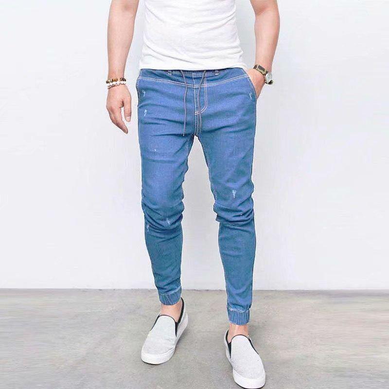 Simple Stretch Slim Male Jeans Trousers, Elastic Waist, Drawstring, Fashion Feet, Denim Pants, Men