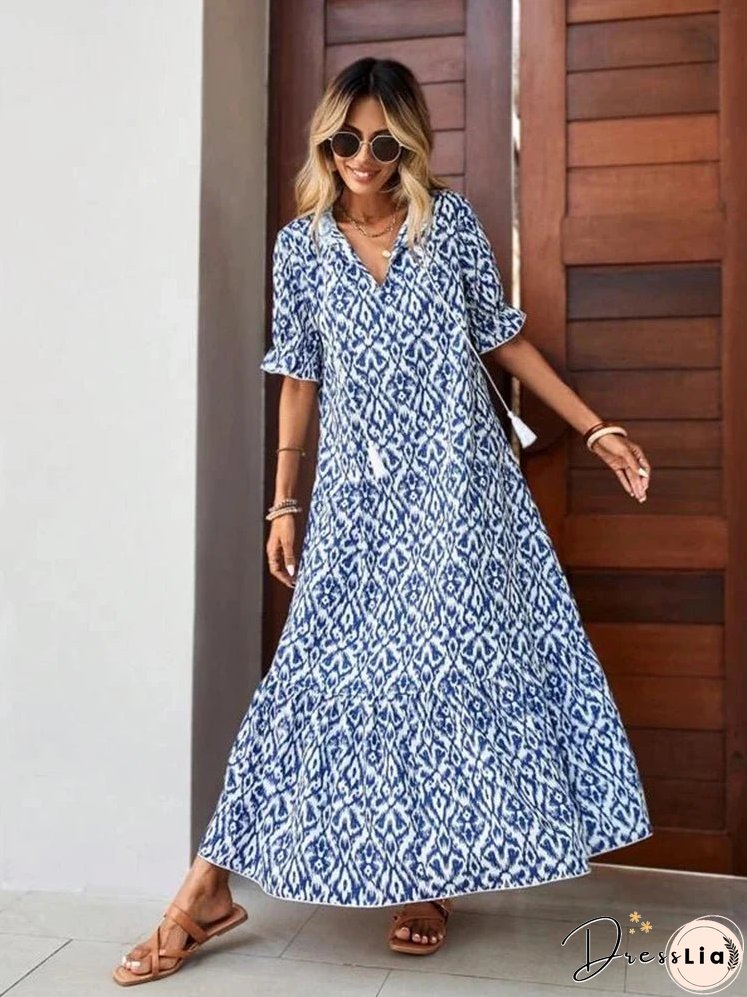 Spring Summer Boho Women Maxi Dress Casual Short Sleeve A-eline Flounce Beach Woman