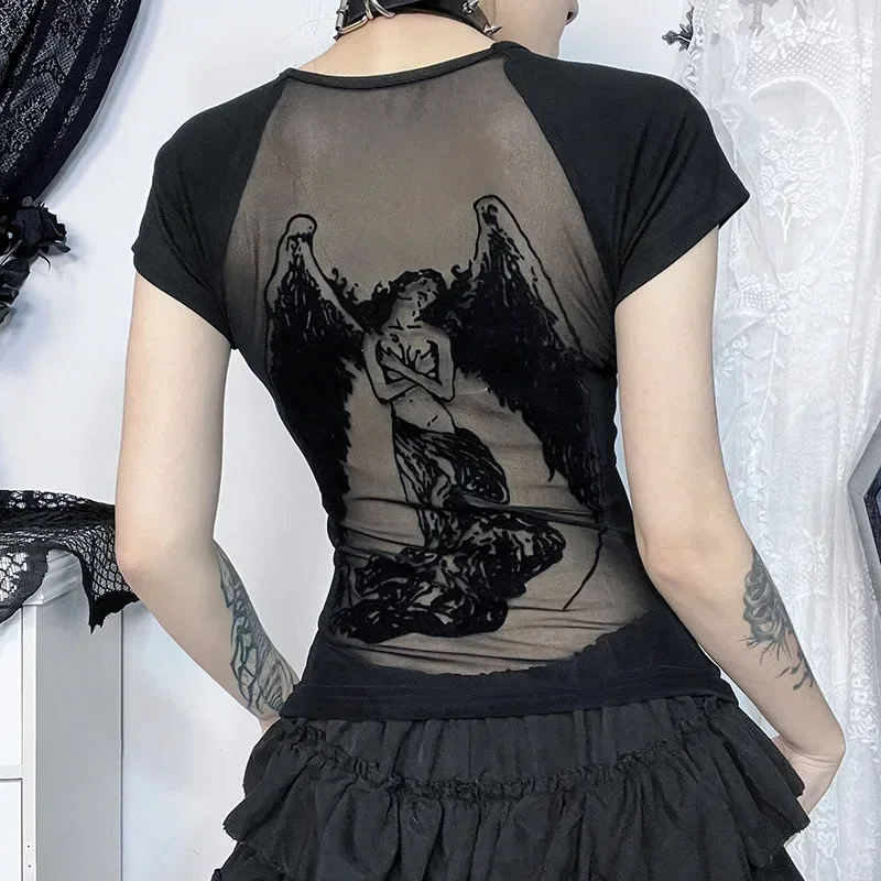 Huibahe Fashion Backless Sheer Printed T-Shirt Women O-neck Tees Streetwear Grunge Sexy Mesh T-shirts Slim Alt Tops Y2K