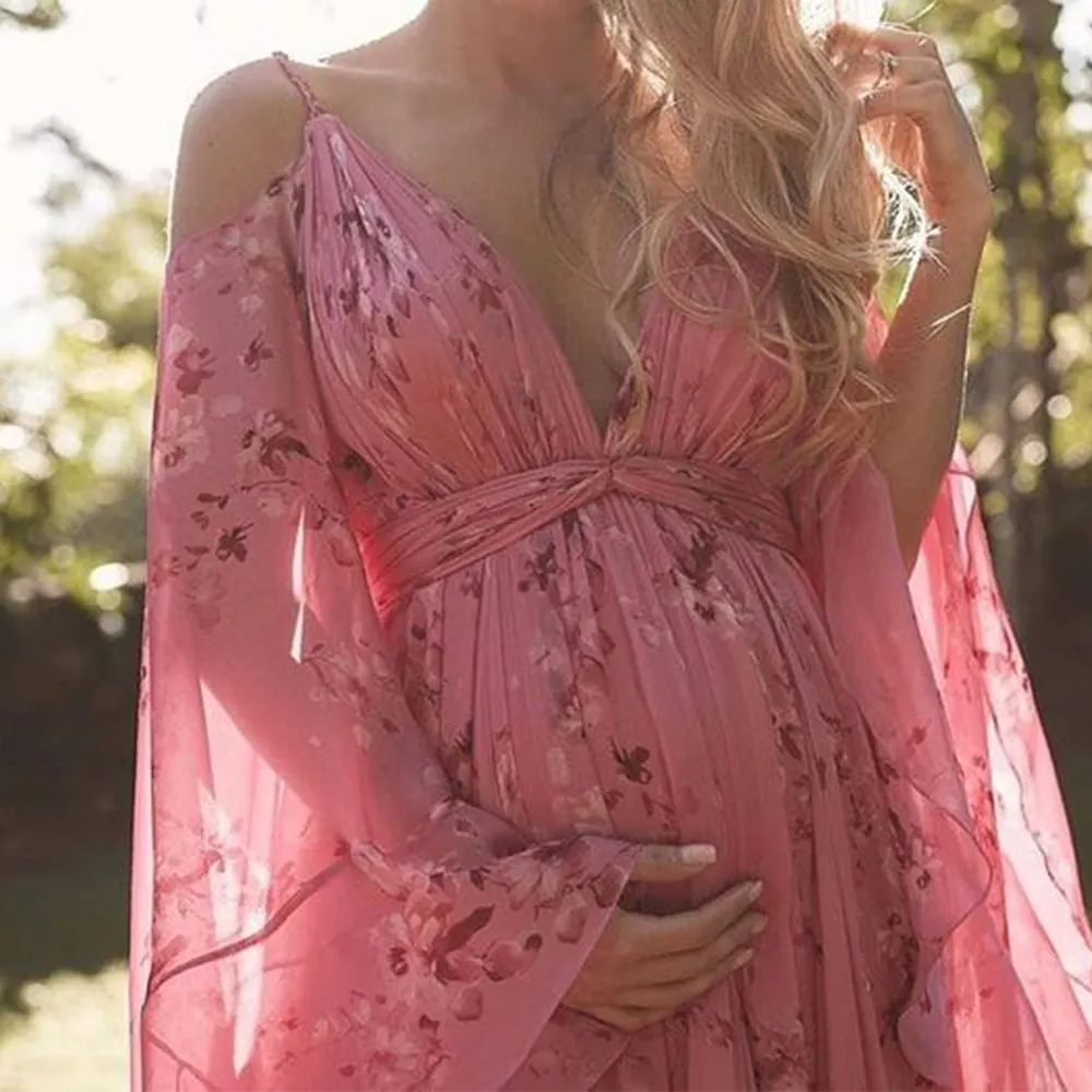 Uveng Uveng Summer Suspension Deep V-Neck Print Sexy Bat Sleeves 100-Folded Long Dress Pregnant Skirt Up And Down