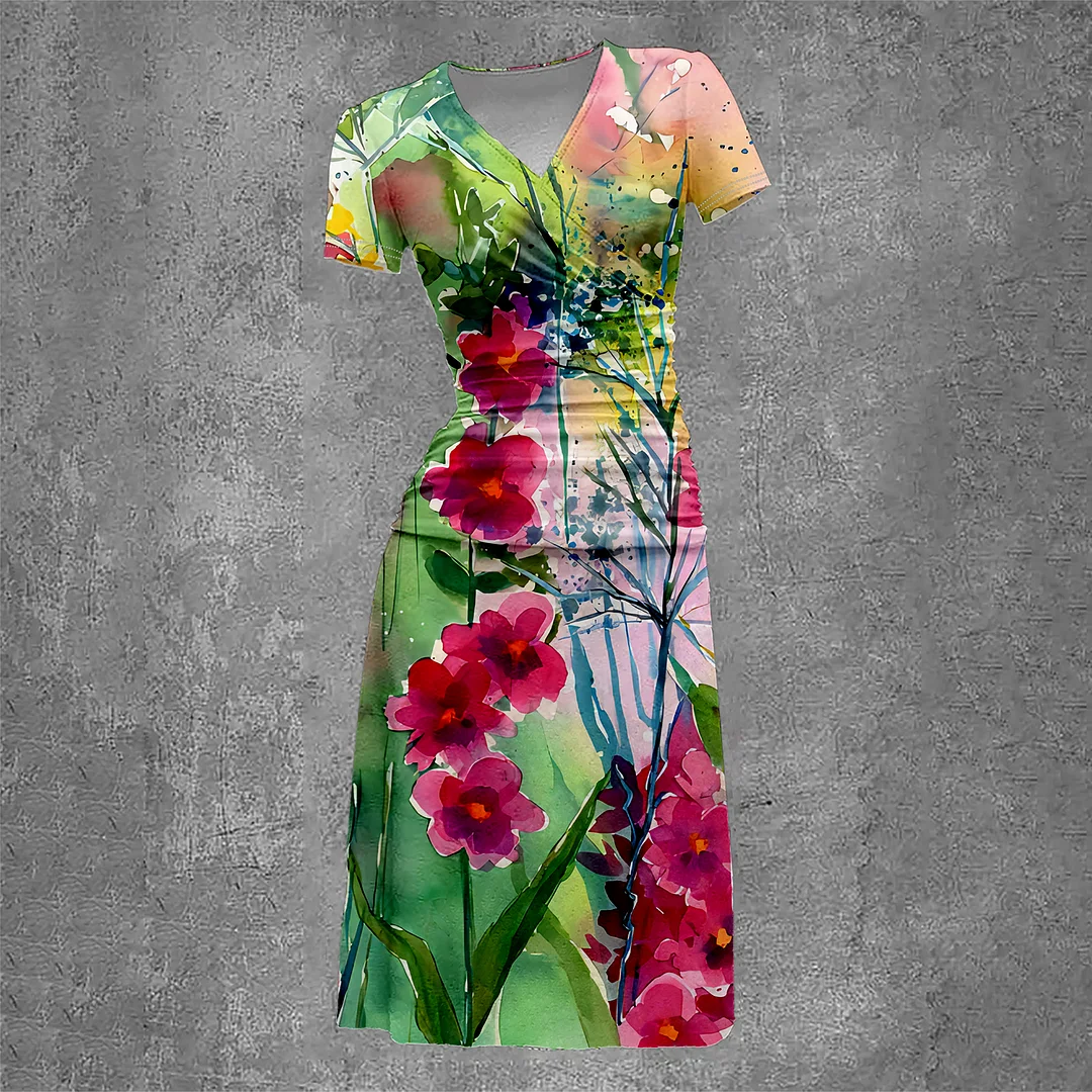 Women's Flowers Printing Vintage Two-Piece Maxi Dress