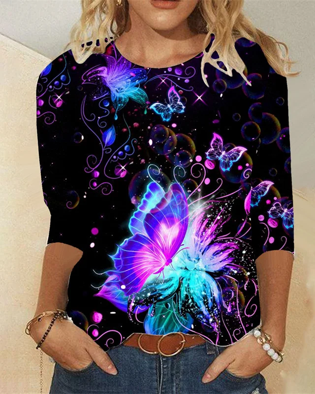 Casual Butterfly Print Long Sleeve Top