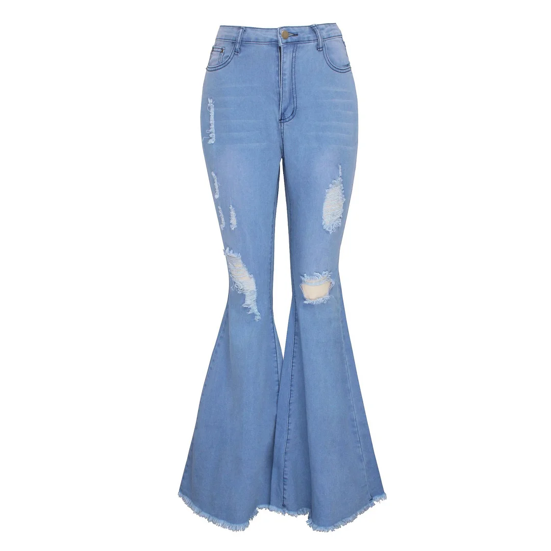 Women's Light Blue Denim Jeans Wide-leg Ripped Flared Jeans