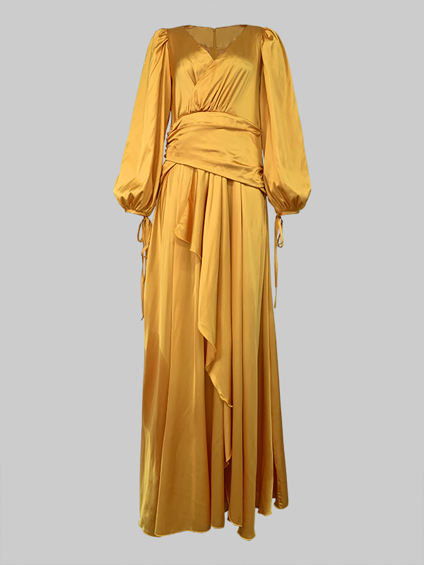 Look-Thin Pleated Solid Color V-Cut Long Sleeves Maxi Dresses