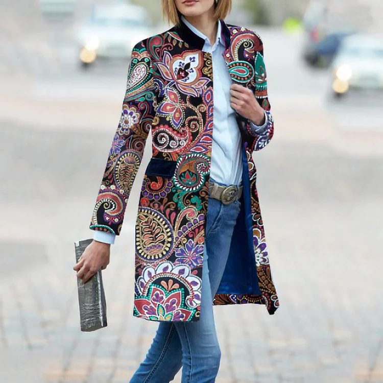 VChics Abstract Printed Stand Collar Casual Coat