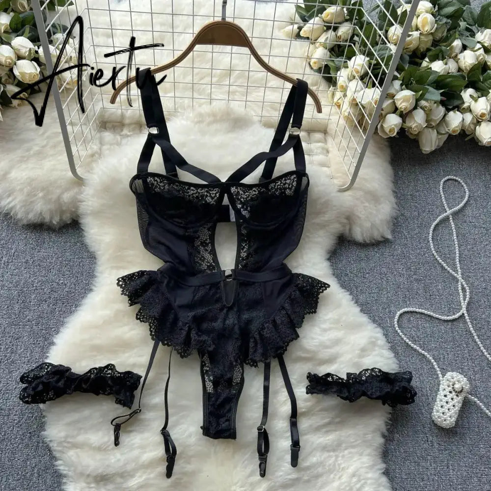Women Sexy Floral Lace Strappy Bodysuit Fashion One Piece Rompers Lingerie Erotic Tight Embroidery Combination Catsuit Aiertu