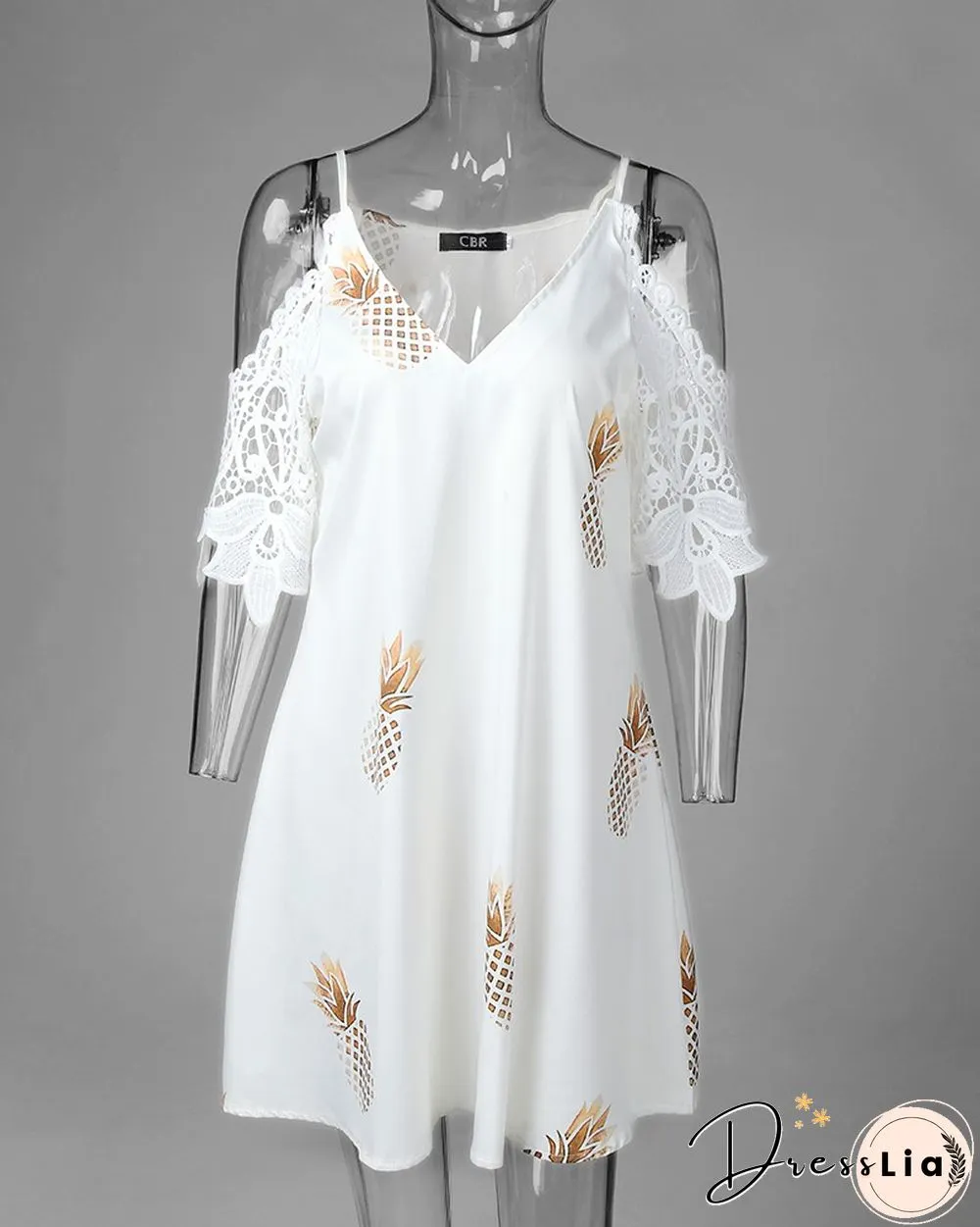 Pineapple Print Cold Shoulder Crochet Lace Dress