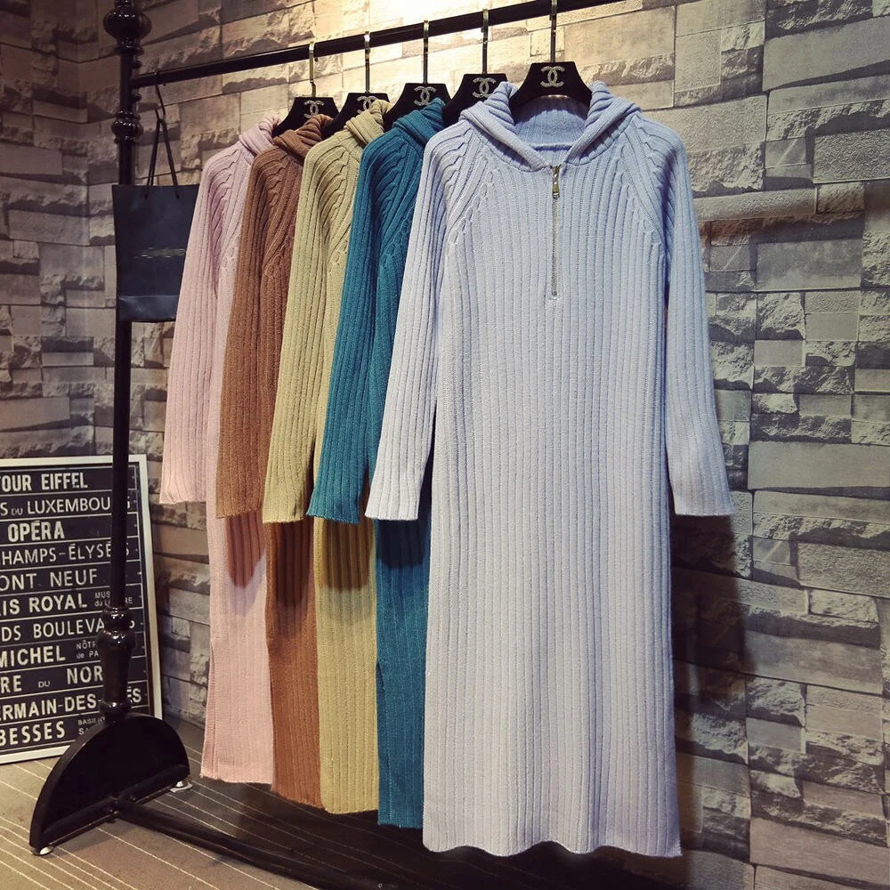 Autumn and winter fashion temperament new hooded long over-the-knee sweater dress women loose solid color knitted dress