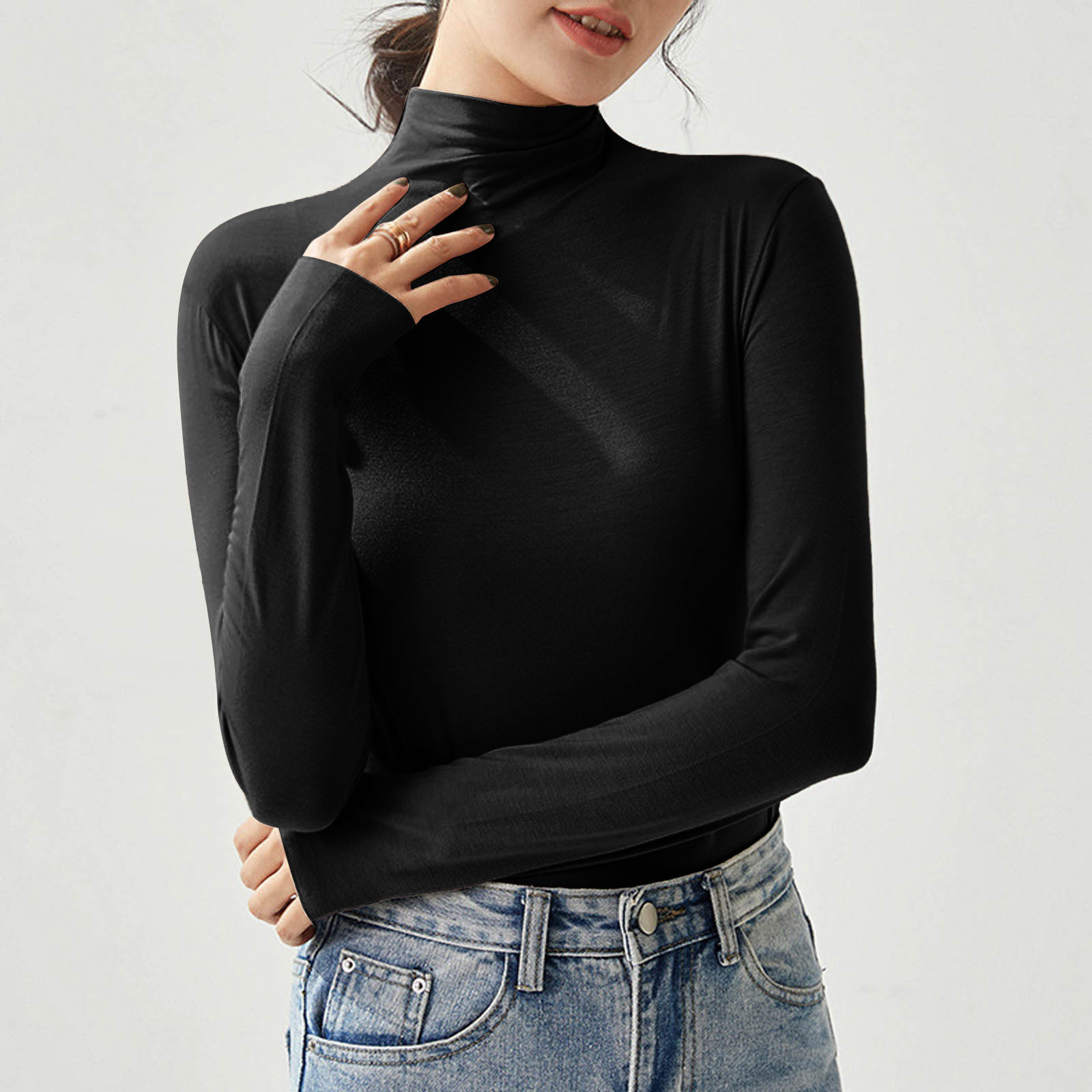 Women Autumn Slim Fit T-shirts New Half Turtleneck Elastic Versatile Basic Shirt Soft Tight Elegant Temperament Show Thin Tops