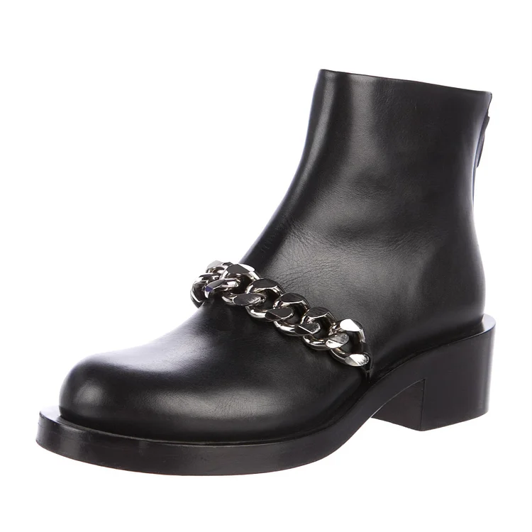 Black Retro Round Toe Chain Chunky Heels Ankle Boots |FSJ Shoes