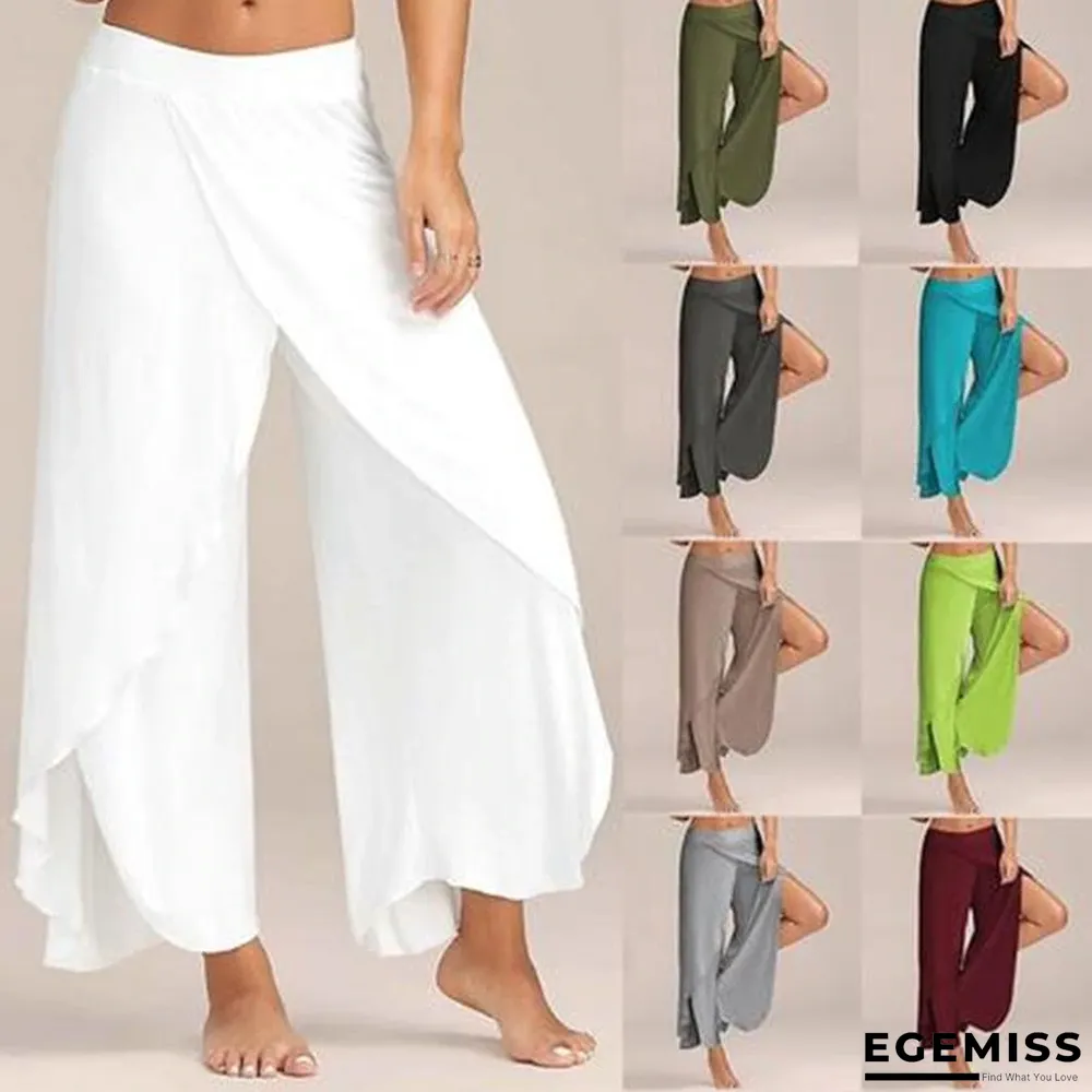 Chiffon Irregular Side Pants Women Causal Wide Leg Solid Elastic Loose Pants | EGEMISS