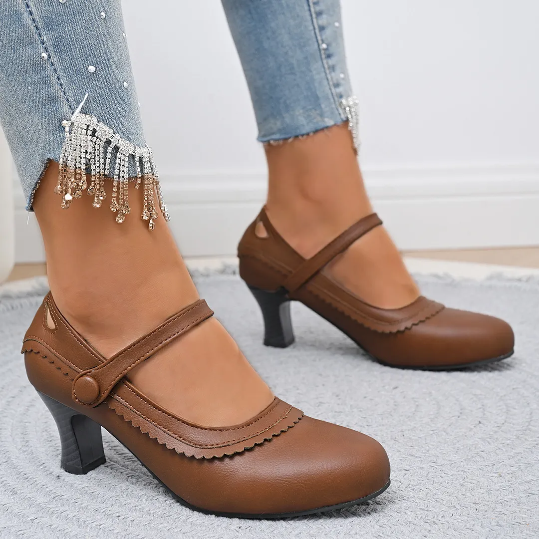 Breakj Breakj New Ladies Retro Mary Jane High Heels Large-Size Coarse Lace Round Head High Heel Single Shoes