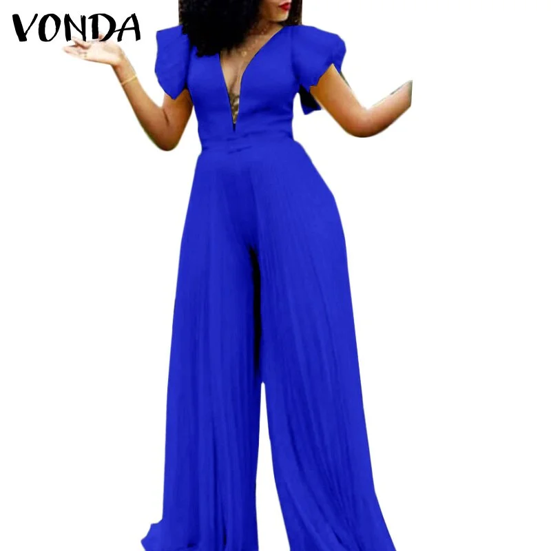 Women Elegant Party Jumpsuits 2022 VONDA Deep V Neck Jumpsuits Casual Wide Leg Playsuits Palazzo Female Trousers Pantalon Femme