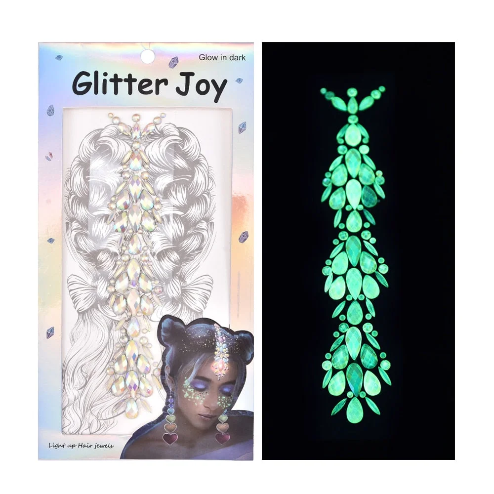 3D Luminous Crystal Forehead Headpiece Sticker Hair Jewels Glitter Face Body Gem Festival Shiny Diamond Temporary Tattoo Sticker