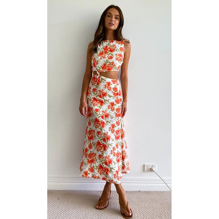 Sleeveless Print Lace Up Maxi Dress