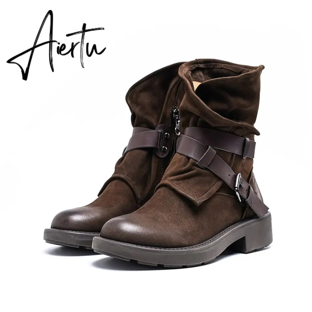 Women ankle boots natural leather plus size 22-26CM sheepskin +pigskin modern boots vintage belt buckle motorcycle boots Aiertu
