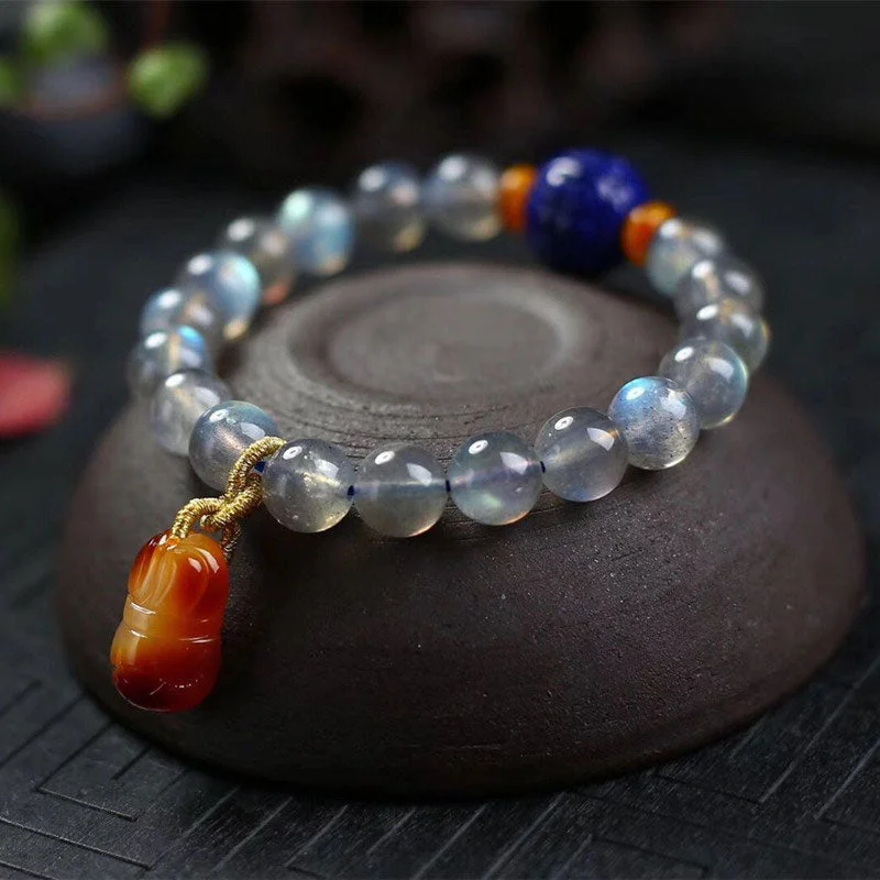 Natural Moonstone Lazurite Amber Calm Healing Positive Bracelet