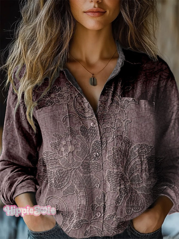 Women’s Vintage Floral Lace Print Casual Long Sleeve Comfortable Cotton Shirt Multicolor / S