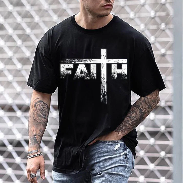 Christian Faith Cross Print  Mens Short Sleeve T-shirt at Hiphopee