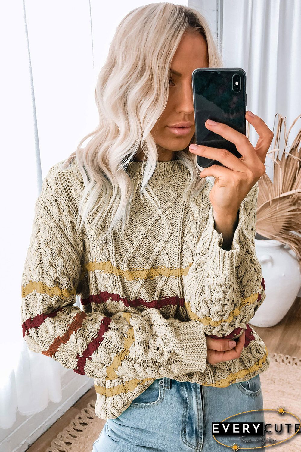 Khaki Striped Color Block Textured Knit Pullover Sweater
