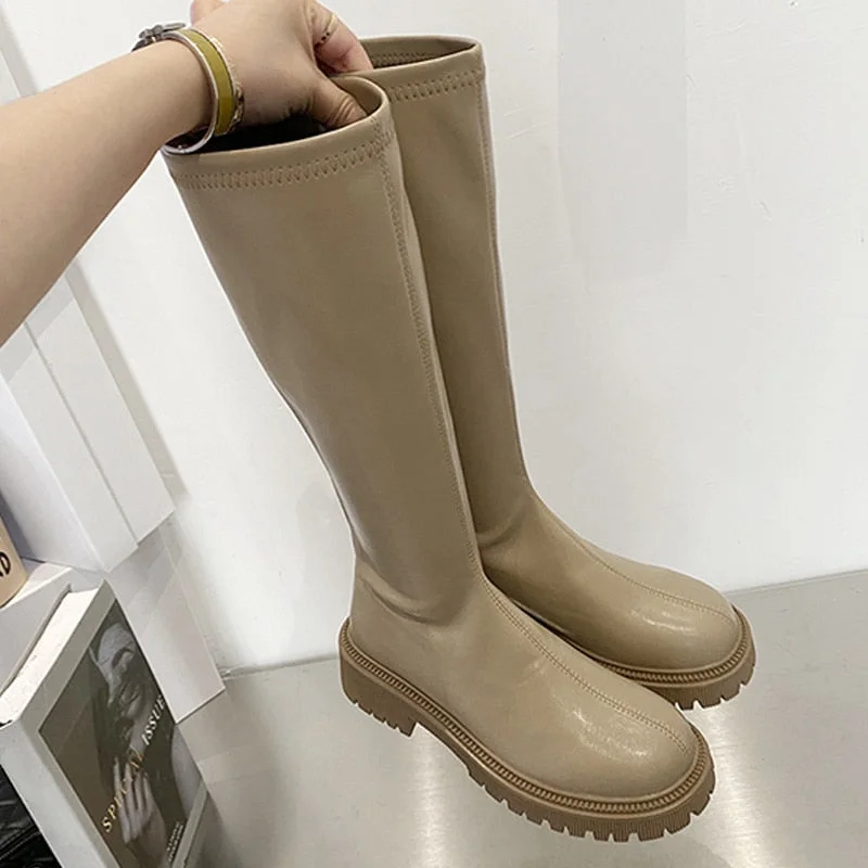 Women's Long Boots Soft PU Leather Autumn Shoes Thick Soled Platform Fashion Ladies Knee High Boots 2021 Solid Color Female Boot