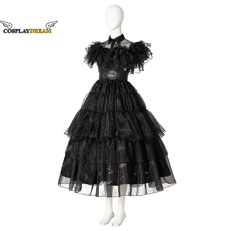 TV Wednesday Addams Cosplay Costume Addams Wednesday Party Dance Prom Dress Woman Black Gauze Dress Halloween Carnival Costumes