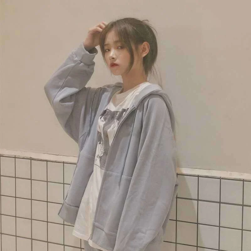 2021 Y2K Women Loose Simple Style Plush Hoodie Vintage Solid Color Zip Long Sleeve Jacket Hip-Hop Autumn Winter Sweatshirt Coat