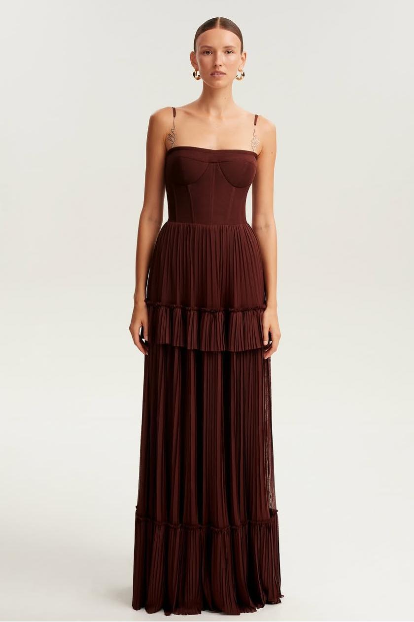 Charming Cabernet Satin Spaghetti Strap Sleeveless Long Prom Dress with Pleated | MS0668 