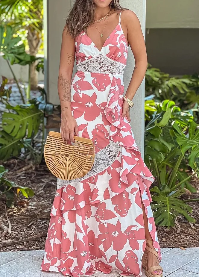 Salmon Printed Maxi Dress With Lace Detail