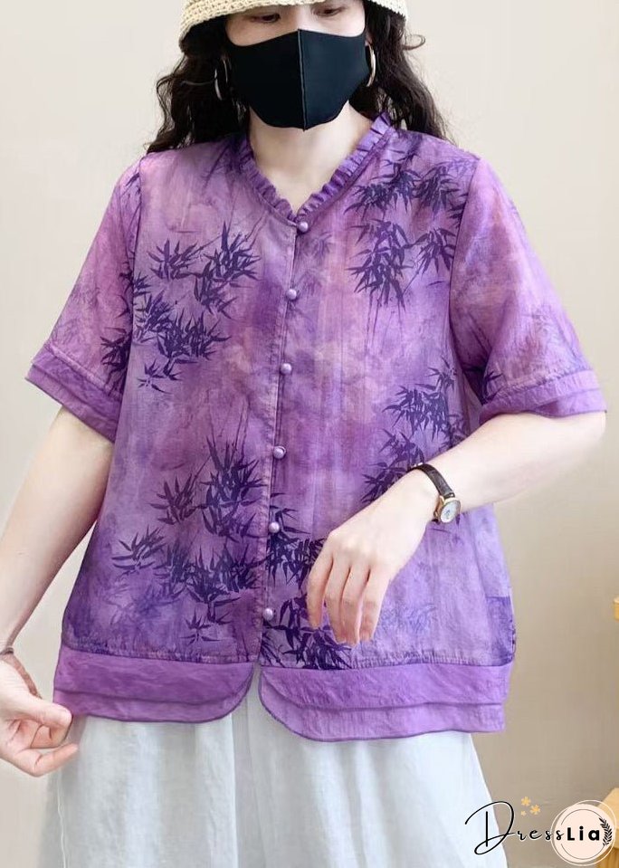 Organic Purple Print Patchwork Ruffled Linen Shirt Top Summer