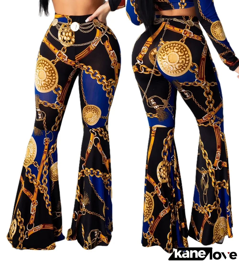 Sexy High Waist Chains Print Flare Trousers