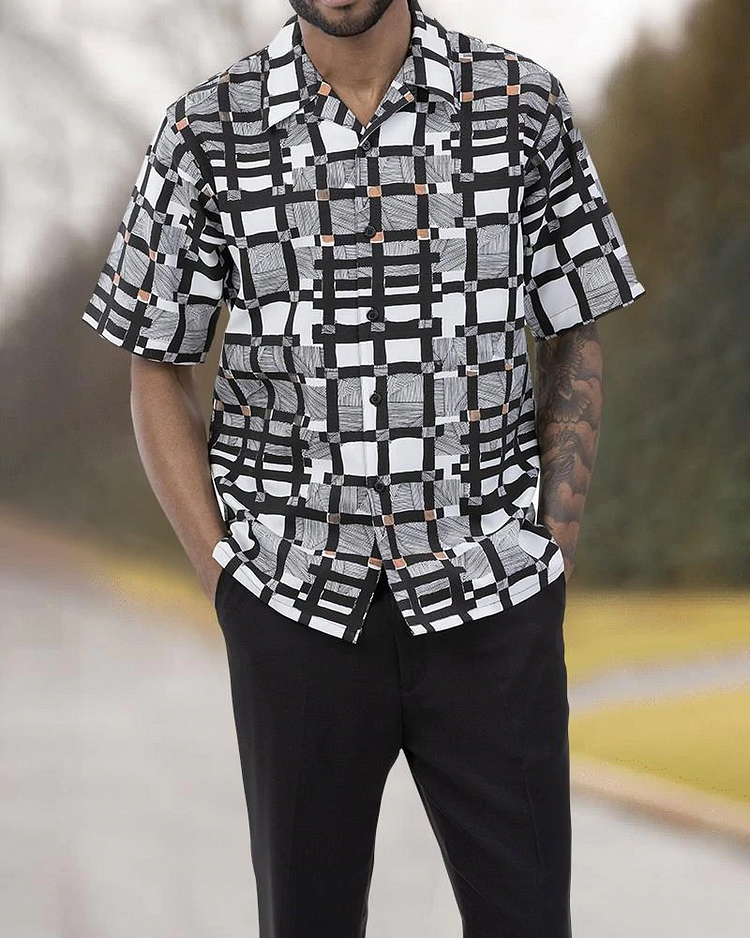 Two Piece Short Sleeve Print Walking Suit Set With Long Pants