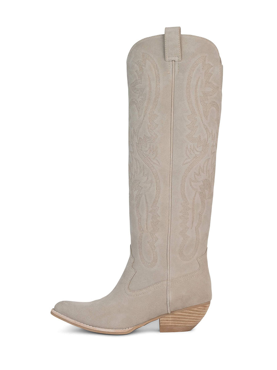 Beige Faux Suede & Fabric Lining Embroidered Wide Calf Knee High Cowgirl Boots With Chunky Heels