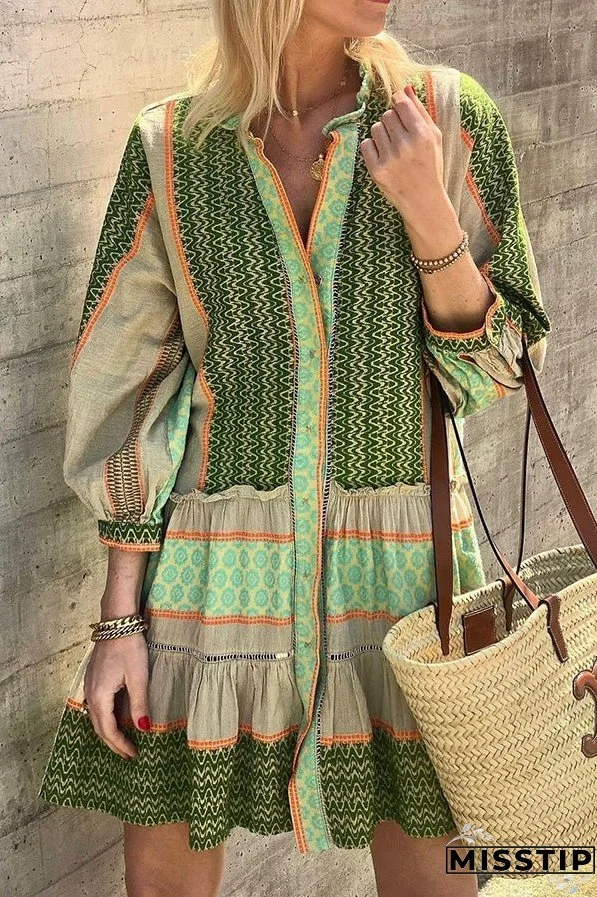 Look My Vacation Style Ethnic Print Button Loose Mini Dress