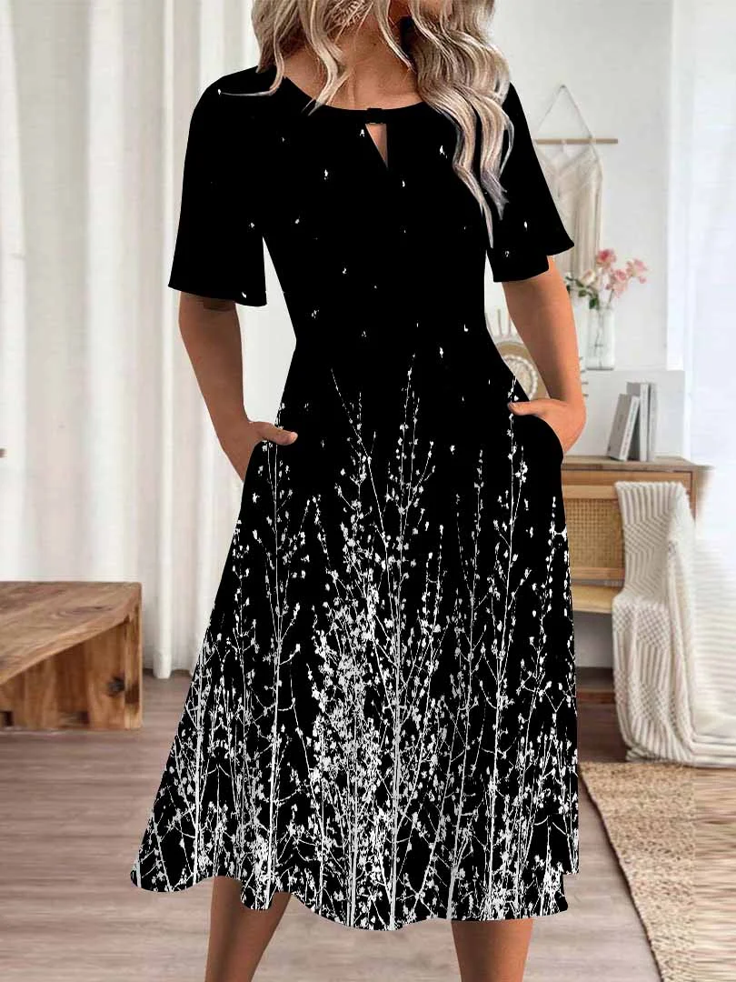Women Floral,Black DZHA8350 Short Sleeve Scoop Neck Graphic Printed Hollow Midi Dress