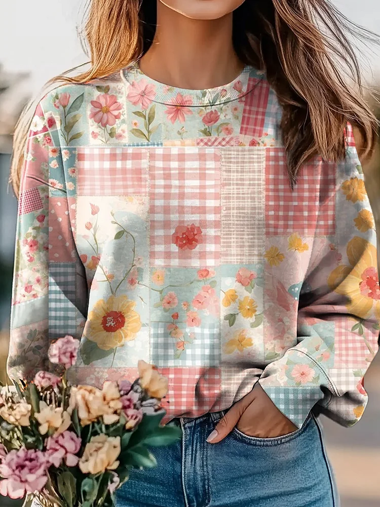 Women's Collage Flower Art Print Casual Crew Neck Sweatshirt