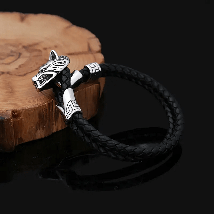 Coutureaura Wolf Head Double Leather Braided Bracelet