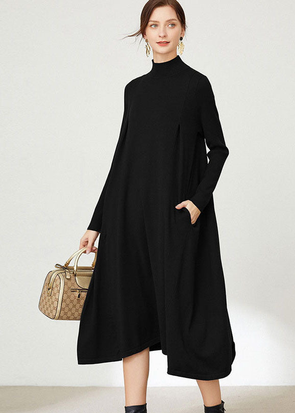 VCSHOES Loose Black Turtle Neck Solid Color Exra Large Hem Knitwear Dress Long Sleeve