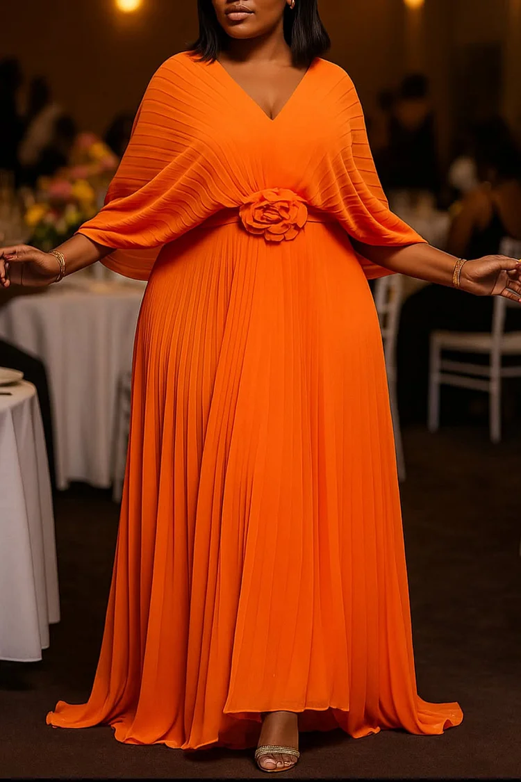 Plus Size Formal Orange V Neck Flare Short Sleeve 3D Elegant Pleated Maxi Dresses [Pre-Order] 2024 - Xpluswear