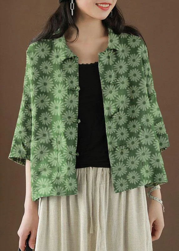 Beautiful Green-small print Peter Pan Collar Pockets Summer Linen top