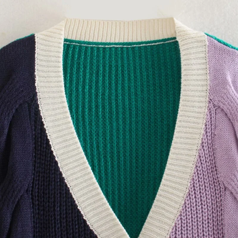 Autumn and winter women's casual color matching V-neck long-sleeved cardigan sweater