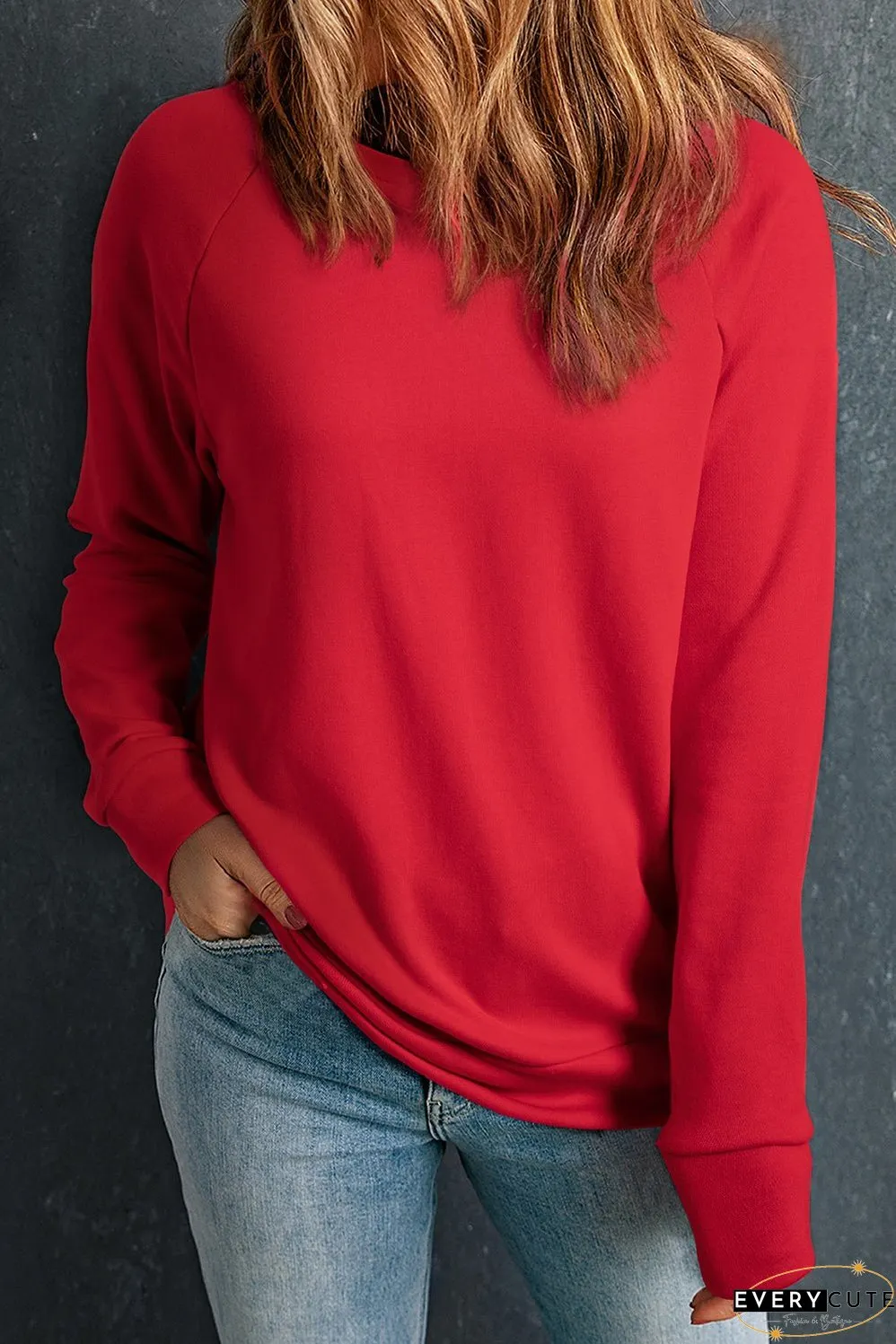 Red Solid Round Neck Raglan Sleeve Sweatshirt