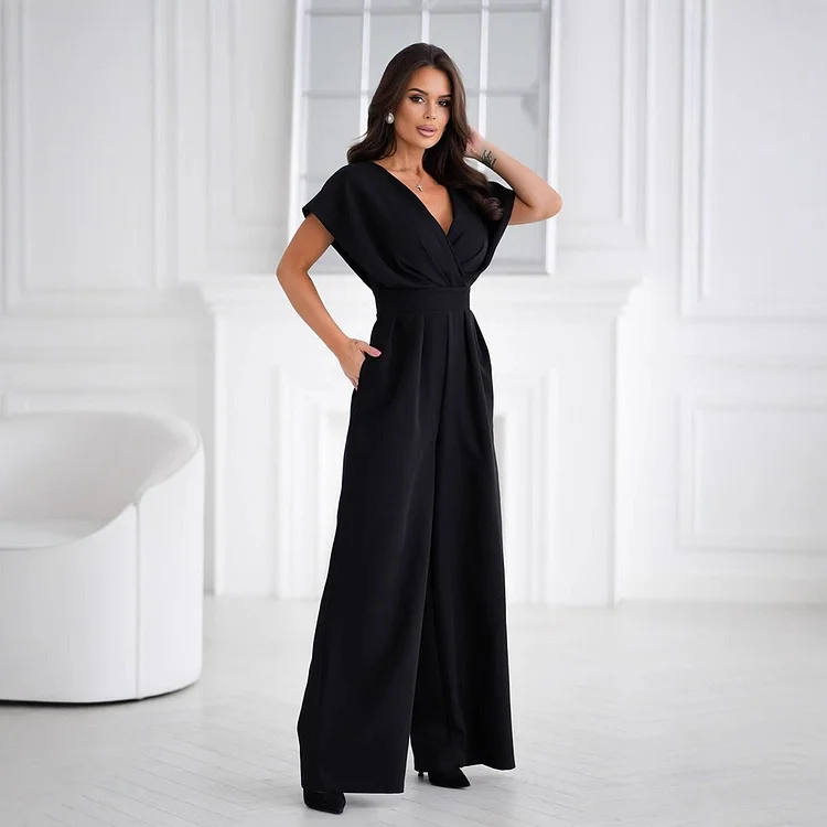 👗 Women’s V - Neck Wide - Legged Jumpsuit | One - Piece Chic & Comfort 