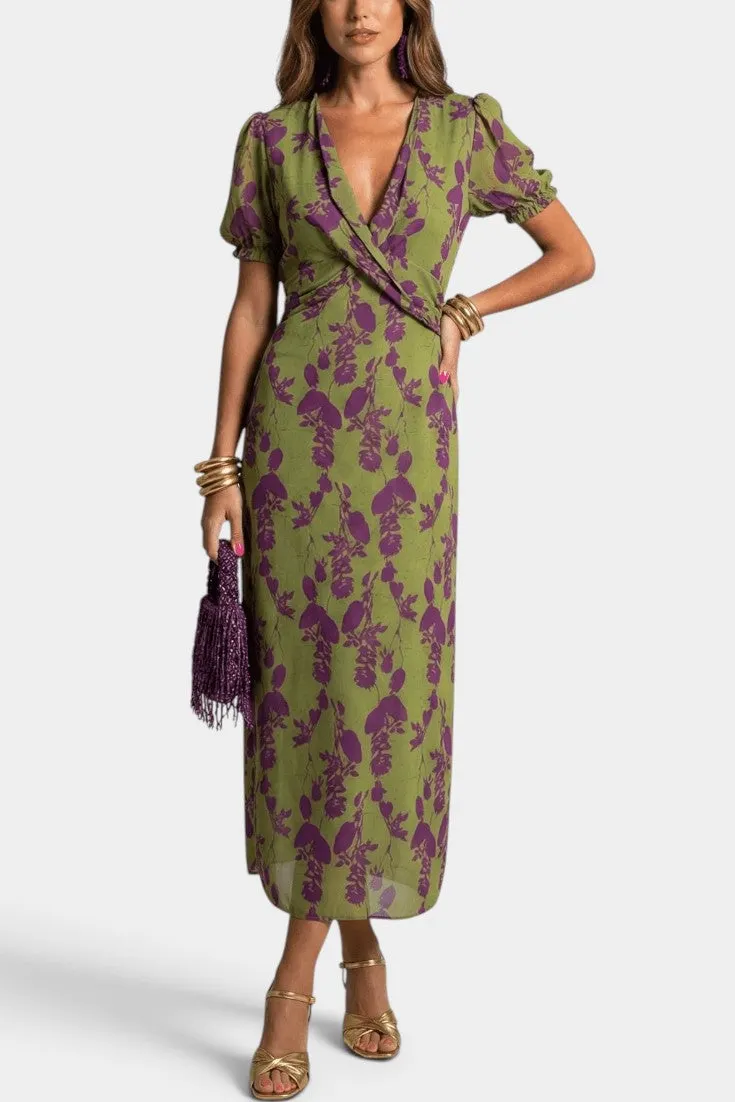 Wrap Midi Dress with Puffed Sleeves and V-Neck