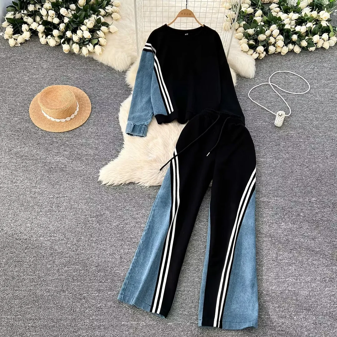Wongn Wongn Version Of Casual Sports Suit Female Autumn Design Sense Loose And Versatile Round Collar Hoodie High Waist Jeans Splicing Trousers