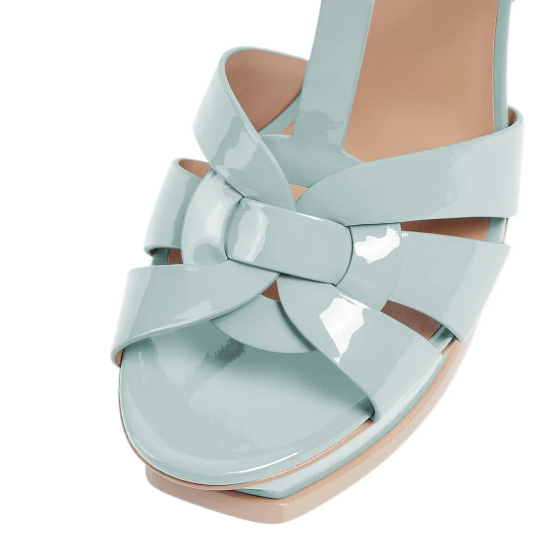 Light Blue Open-Toe T-Strap Stiletto Heeled Sandals with Platform