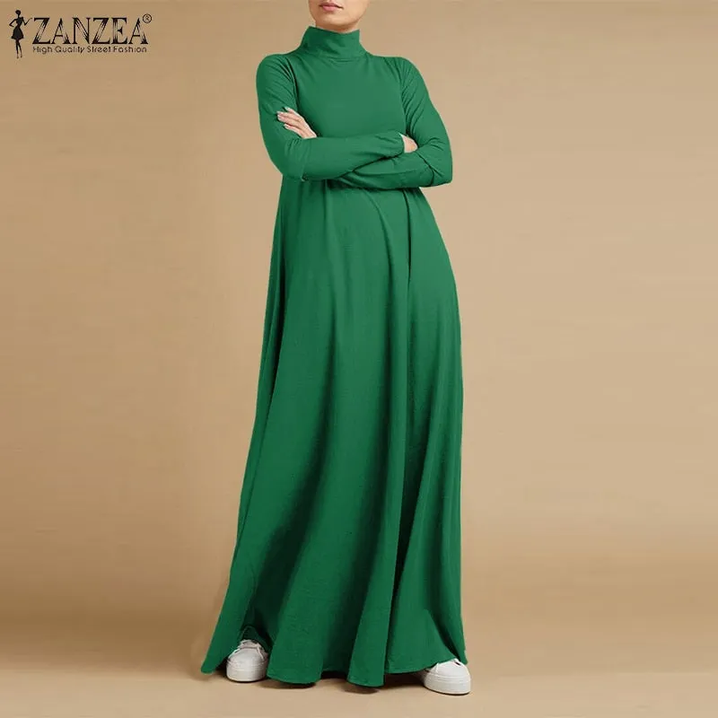 Autumn Turtleneck Long Sleeve Sundress Fashion Women Maxi Long Dress Baggy ZANZEA Elegant Solid Casual Vestido Kaftan Robe Femme